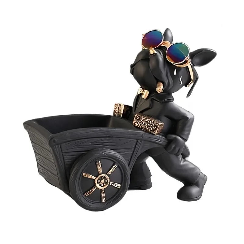 French Bulldog Resin Figurine with Wheelbarrow – Decorative Dog Sculpture for Home & Table