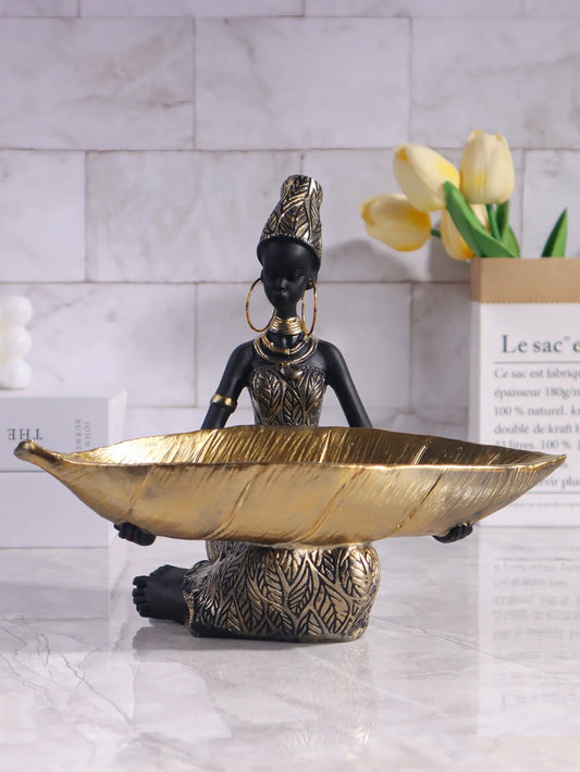 African Girl Sculpture with Leaf Plate – Vintage Decorative Storage Tray for Home & Office