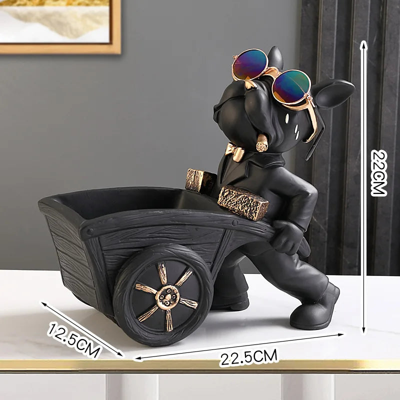 French Bulldog Resin Figurine with Wheelbarrow – Decorative Dog Sculpture for Home & Table