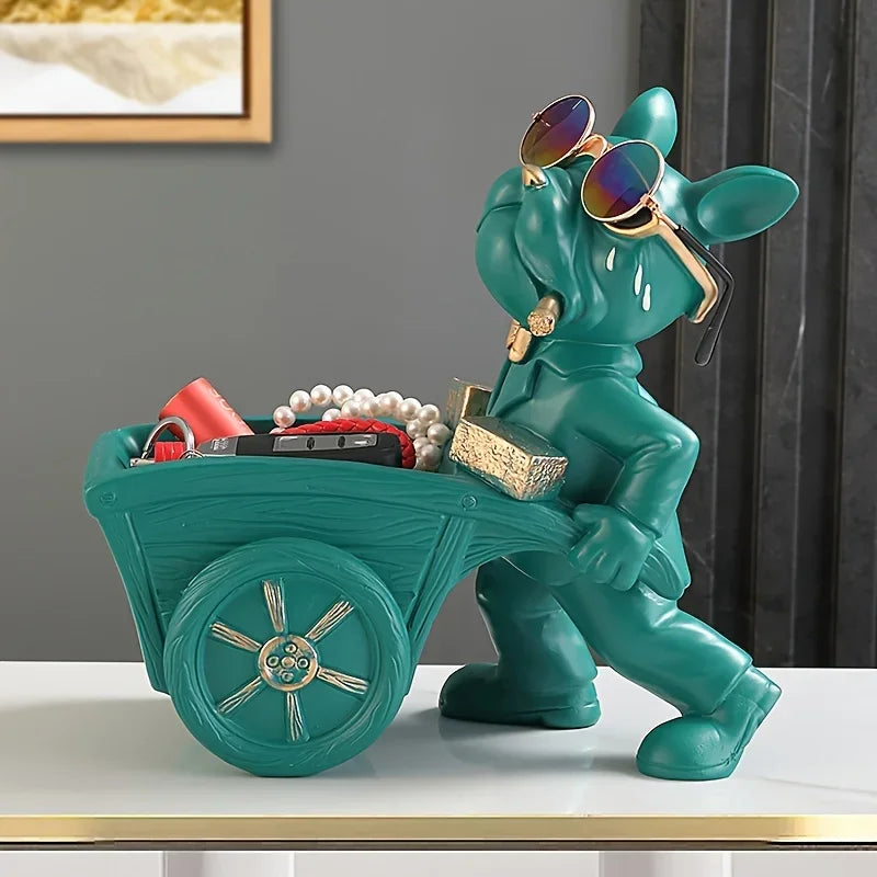 French Bulldog Resin Figurine with Wheelbarrow – Decorative Dog Sculpture for Home & Table