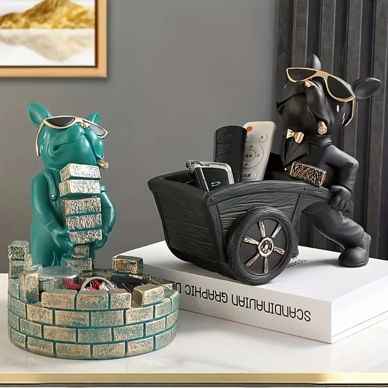 French Bulldog Resin Figurine with Wheelbarrow – Decorative Dog Sculpture for Home & Table