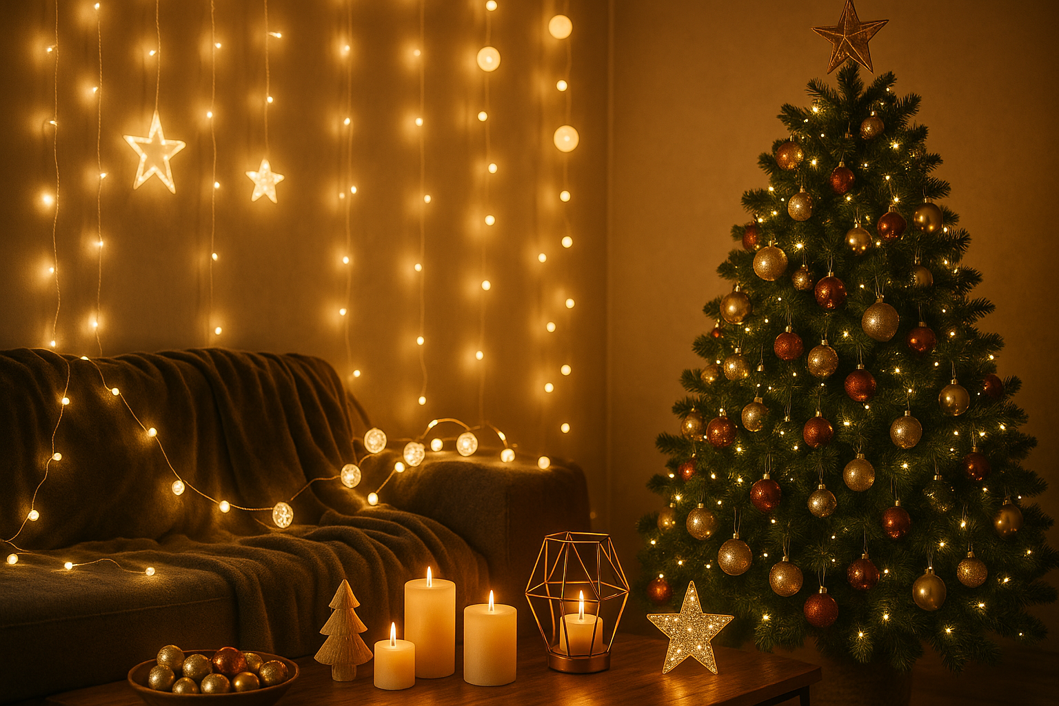 Share some other better image that includes both Christmas decors and cozy glowing trending lights ?